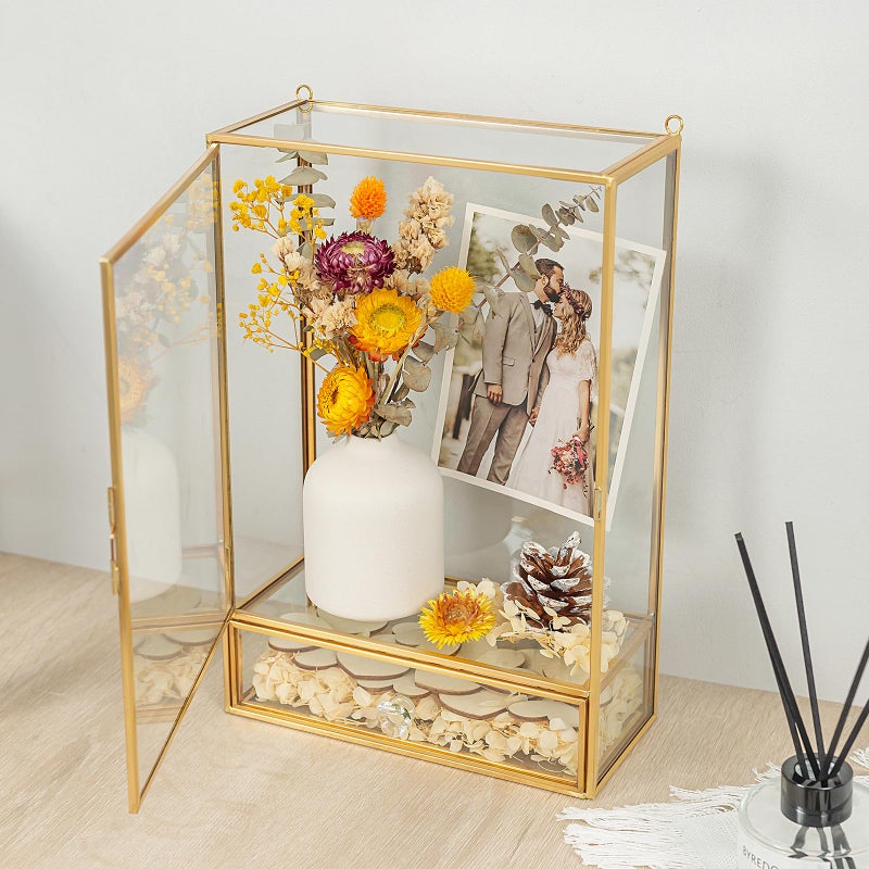Jajamy Shadow Box Frame, 3.5" Deep Wedding Shadow Boxes Display Case with Drawer, Glass Gold Shadow Memory Box for Picture, Wedding Bouquet, Pet Memorial and Keepsakes - Image 3