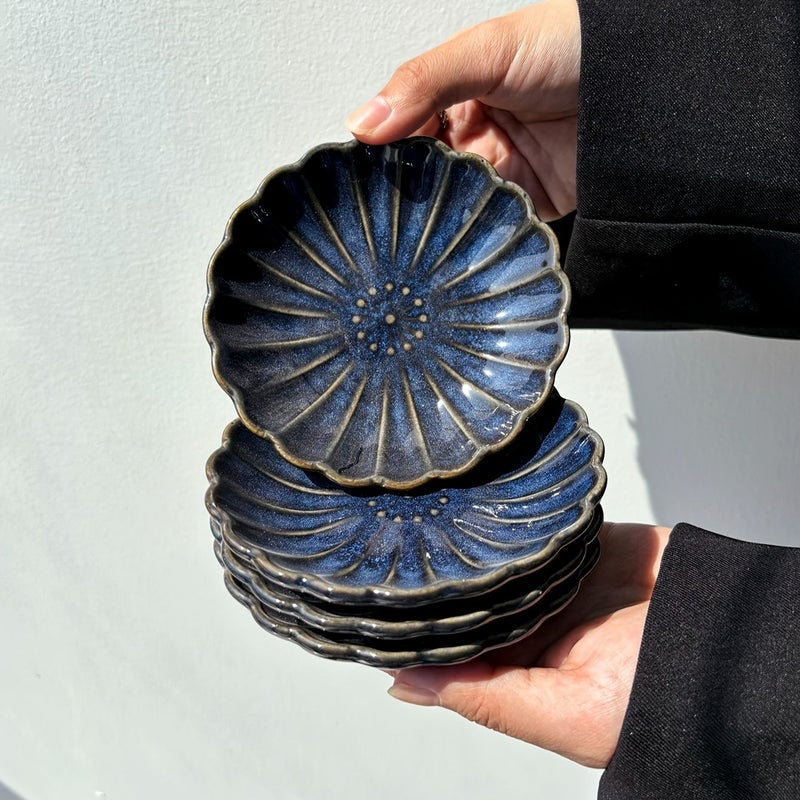 4pc Blue Chrysanthemum 4 Inch Ceramic Soy Sauce Plates Japanese Vintage Dishware - Image 1