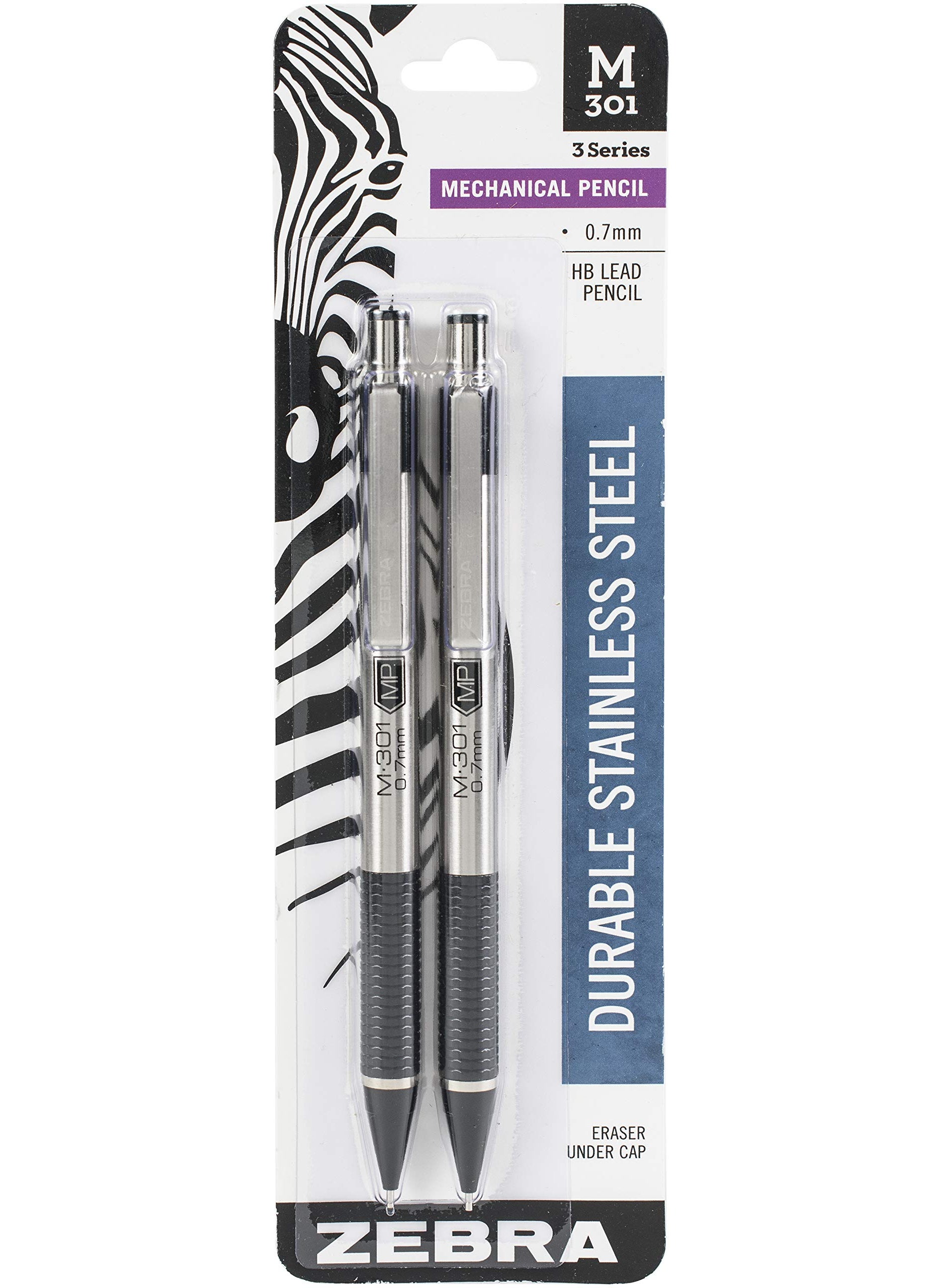 ZEBRA Zebra Pen M-301 Mechanical Pencil, Stainless Steel Barrel, Medium Point, 0.7mm, Black Grip, 2-Pack  - Image 1