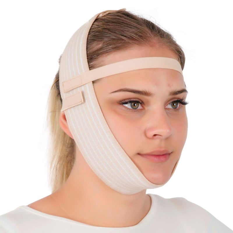 ikido Post Surgery Facial Compression Garment Chin Strap Band Double Chin Face Wrap Tape Jawline Exerciser Face Slimmer Jowl Tightening Chin Lifting Belt Beige