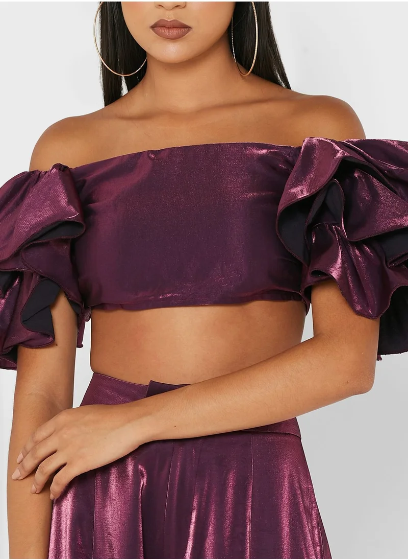 Yaura Bardot Ruffle Detail Crop top