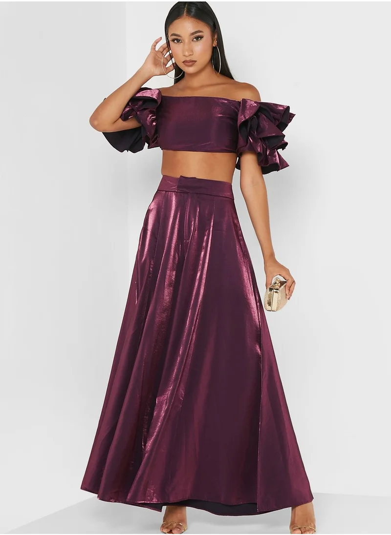 Yaura Bardot Ruffle Detail Crop top