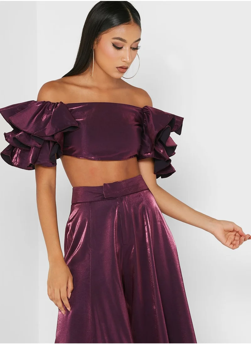 Yaura Bardot Ruffle Detail Crop top