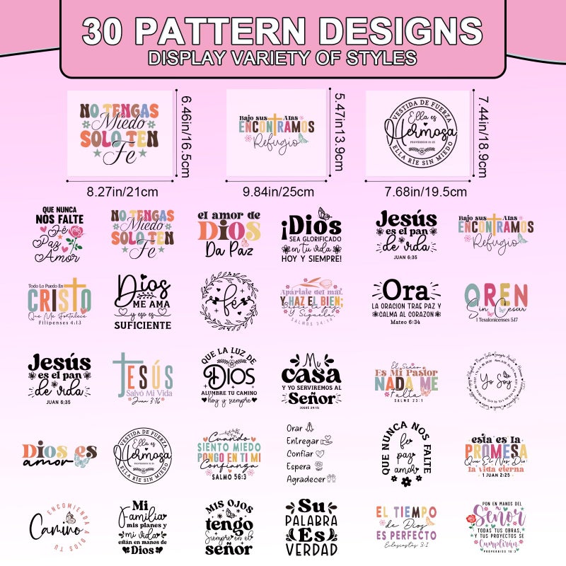 Shejdgart Dtf Transfers Ready to Press - 30 Pcs Spanish Bible Verse Iron on Patches for T-Shirts, Colorful Inspirational Iron on Stickers Heat Transfer Vinyl Decals for DIY Fabric Clothes Decor - Image 2