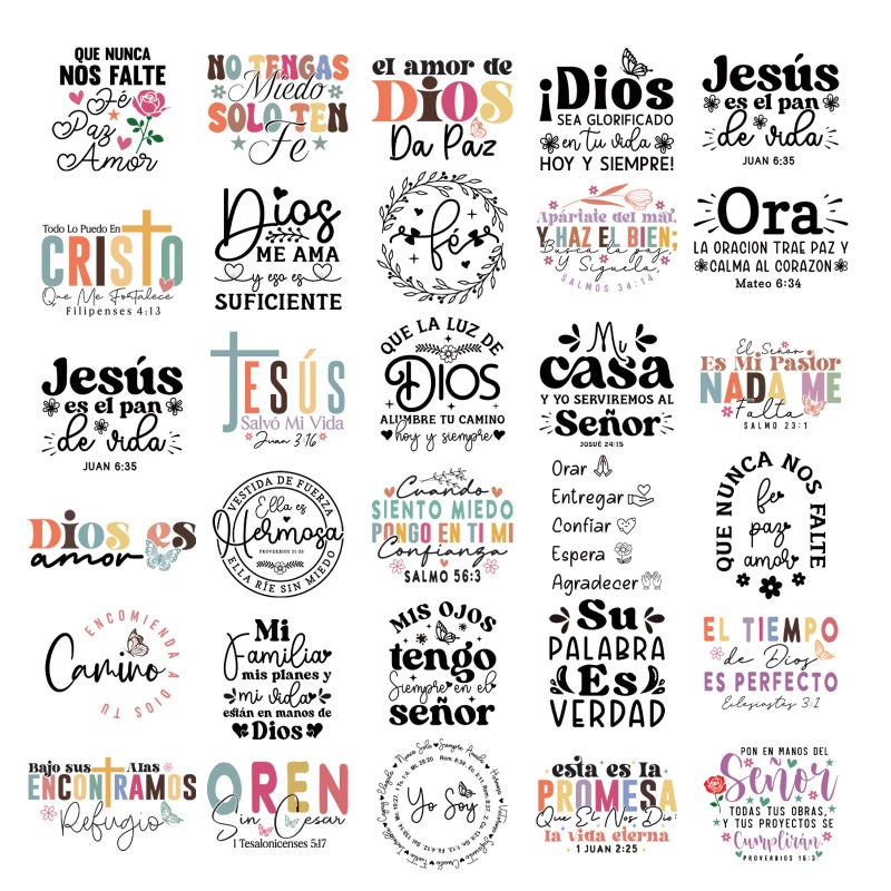 Shejdgart Dtf Transfers Ready to Press - 30 Pcs Spanish Bible Verse Iron on Patches for T-Shirts, Colorful Inspirational Iron on Stickers Heat Transfer Vinyl Decals for DIY Fabric Clothes Decor - Image 1