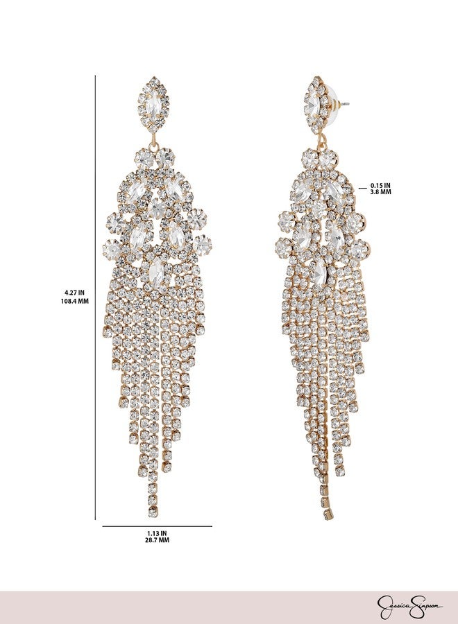 Jessica Simpson Clear Crystal Dangle Earrings for Women, Gold-Tone Rhinestone Drop Earrings with Rhinestone Fringe - Image 5