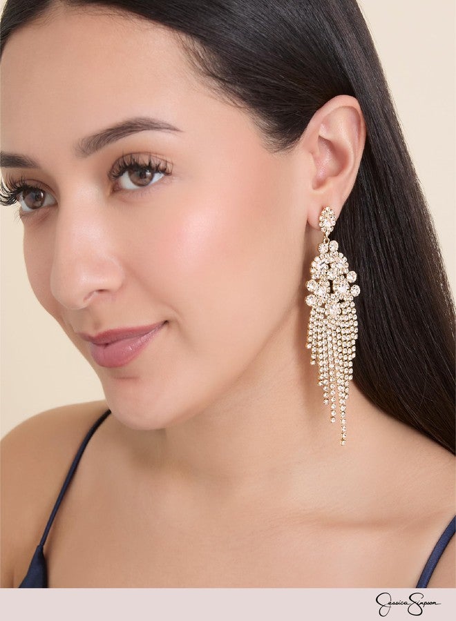Jessica Simpson Clear Crystal Dangle Earrings for Women, Gold-Tone Rhinestone Drop Earrings with Rhinestone Fringe - Image 3