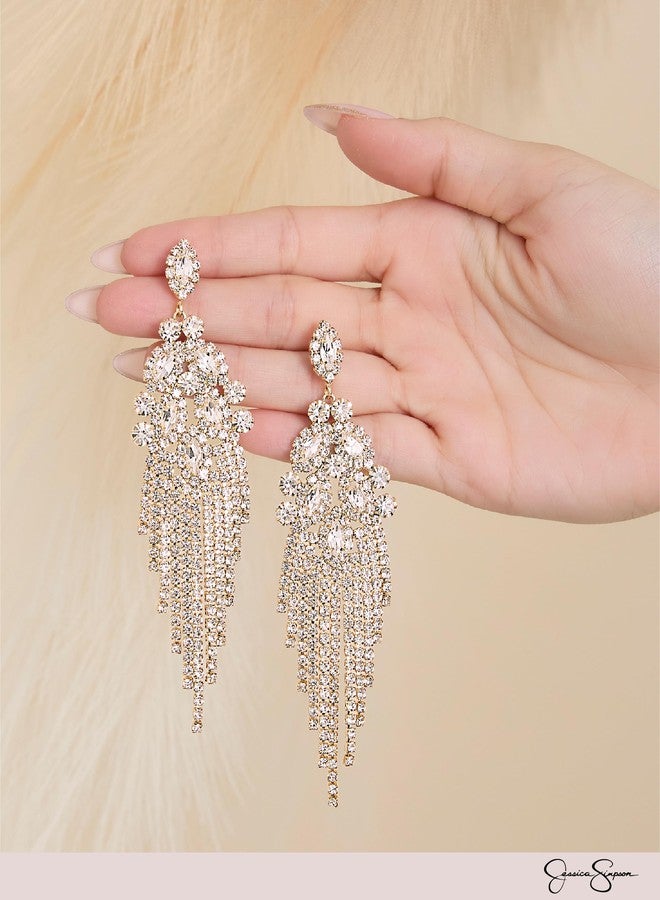 Jessica Simpson Clear Crystal Dangle Earrings for Women, Gold-Tone Rhinestone Drop Earrings with Rhinestone Fringe - Image 4