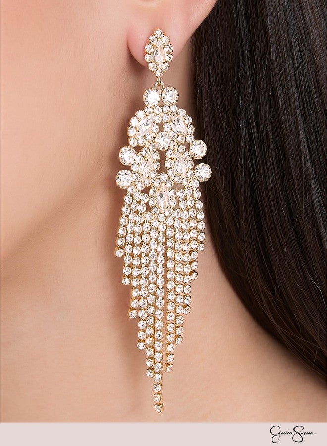 Jessica Simpson Clear Crystal Dangle Earrings for Women, Gold-Tone Rhinestone Drop Earrings with Rhinestone Fringe - Image 2