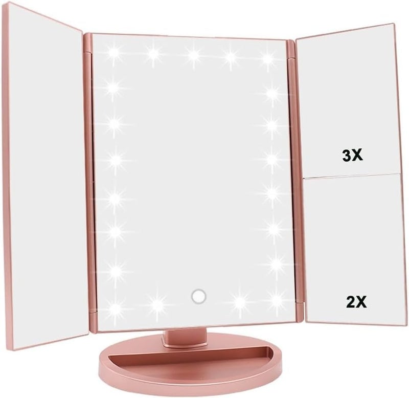 WEILY Makeup Mirror with 21 LED Lights,Two Power Supply Modes, Adjustable Touch Screen and 1x/2x/3x Magnification Tri-Fold Vanity Mirror,Chargeable Travel Cosmetic Mirror for Desktop(Rose Pink) - Image 1