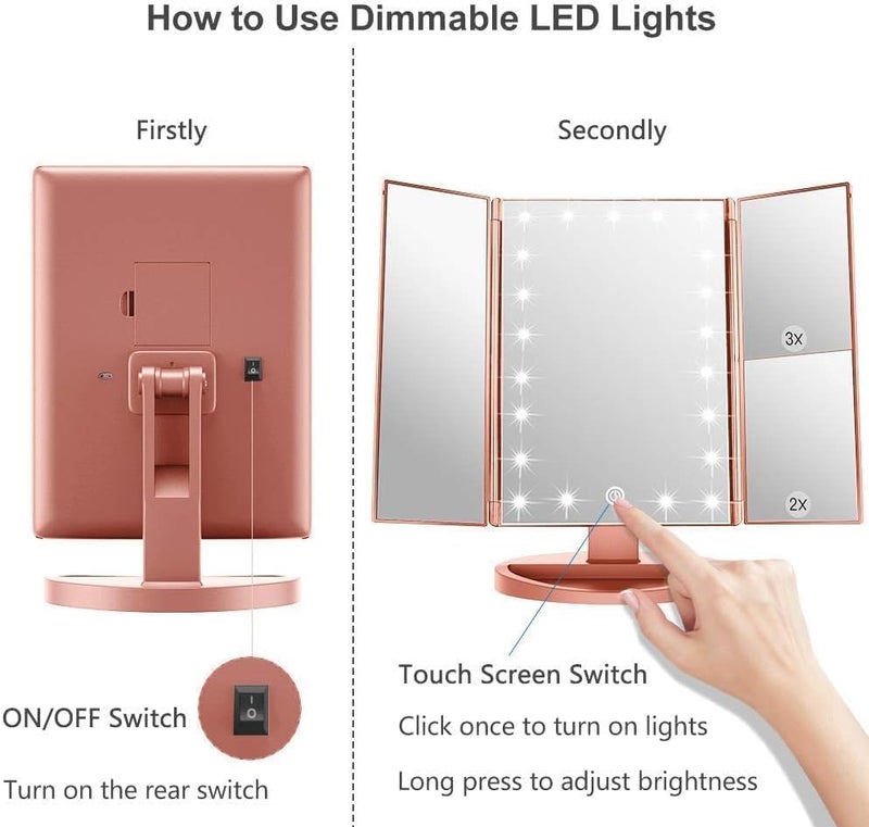 WEILY Makeup Mirror with 21 LED Lights,Two Power Supply Modes, Adjustable Touch Screen and 1x/2x/3x Magnification Tri-Fold Vanity Mirror,Chargeable Travel Cosmetic Mirror for Desktop(Rose Pink) - Image 4