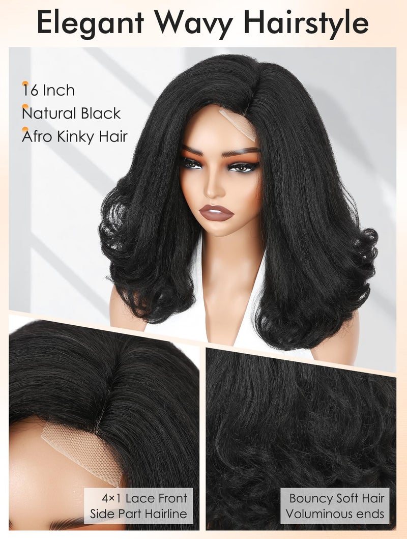 WIGNEE Yaki Curly Wig Short Body Wave Wigs for Black Women Kinky Straight Curly Ends Synthetic Hair Side Part Heat Resistant Fiber for Daily Use Party Cosplay (Black 16 Inch) - Image 5