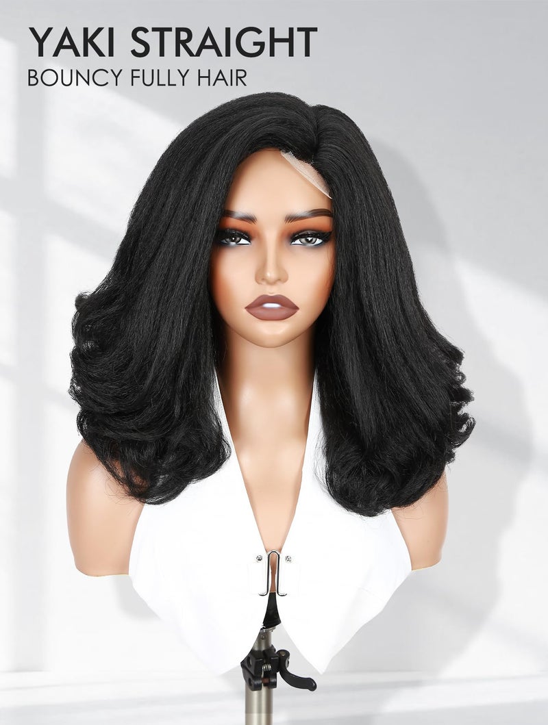WIGNEE Yaki Curly Wig Short Body Wave Wigs for Black Women Kinky Straight Curly Ends Synthetic Hair Side Part Heat Resistant Fiber for Daily Use Party Cosplay (Black 16 Inch) - Image 2