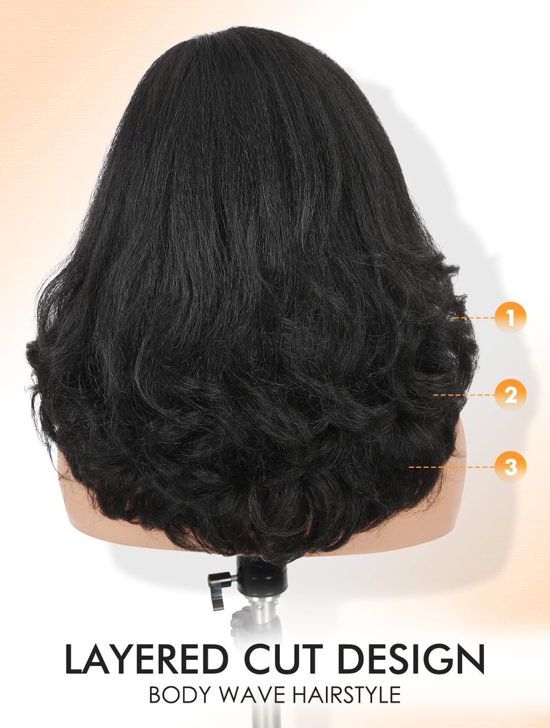 WIGNEE Yaki Curly Wig Short Body Wave Wigs for Black Women Kinky Straight Curly Ends Synthetic Hair Side Part Heat Resistant Fiber for Daily Use Party Cosplay (Black 16 Inch) - Image 4