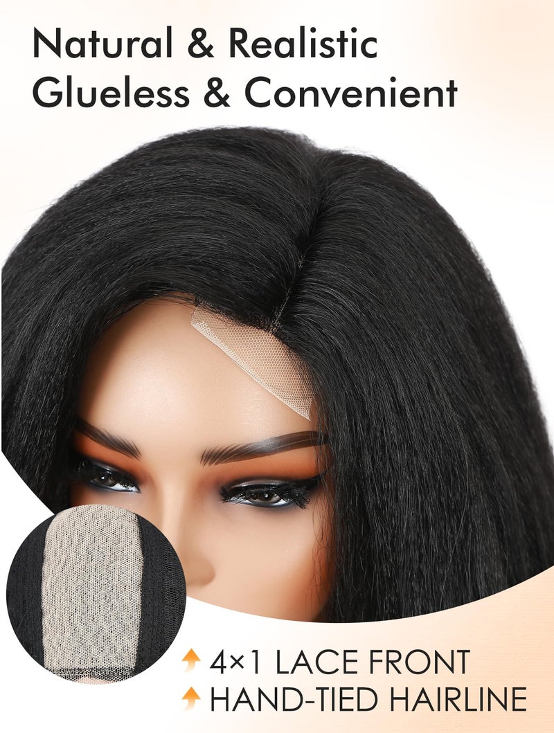 WIGNEE Yaki Curly Wig Short Body Wave Wigs for Black Women Kinky Straight Curly Ends Synthetic Hair Side Part Heat Resistant Fiber for Daily Use Party Cosplay (Black 16 Inch) - Image 3