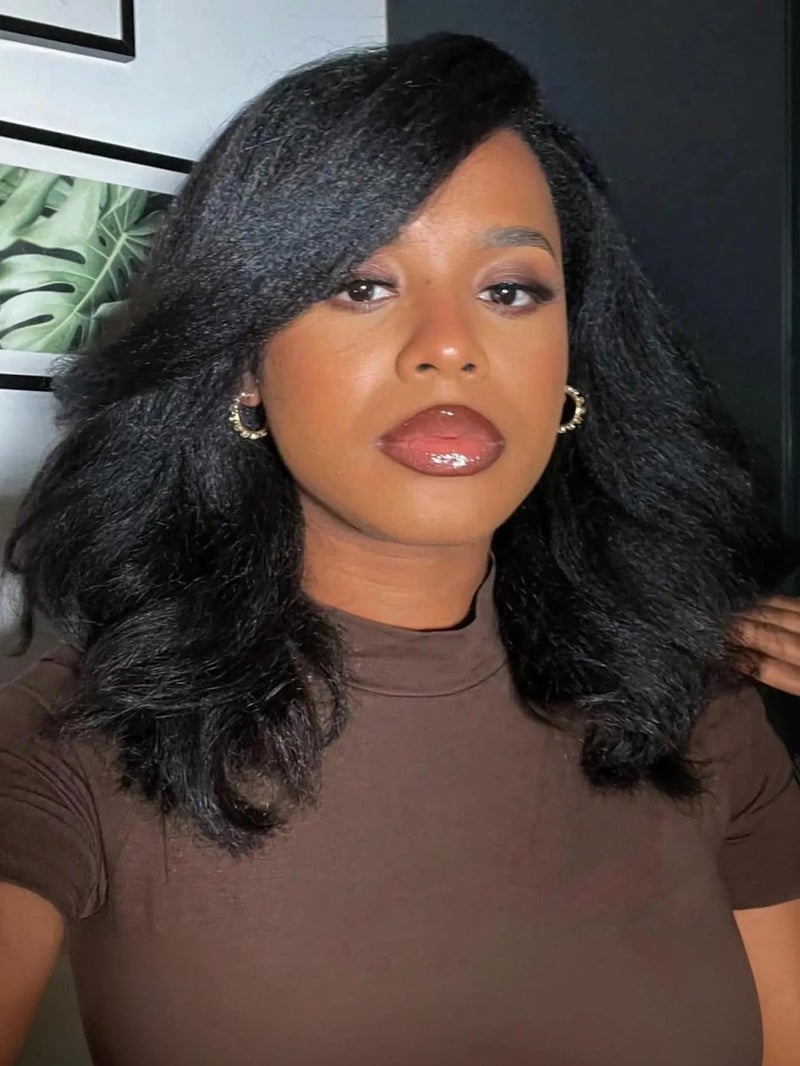 WIGNEE Yaki Curly Wig Short Body Wave Wigs for Black Women Kinky Straight Curly Ends Synthetic Hair Side Part Heat Resistant Fiber for Daily Use Party Cosplay (Black 16 Inch) - Image 1