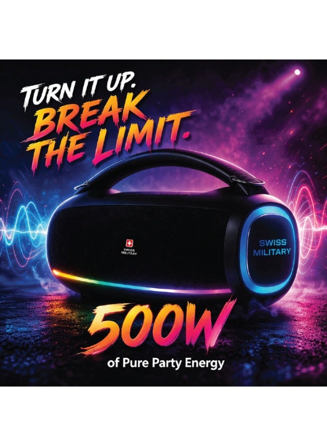 Swiss Military 500W Boombox Ultra Bluetooth Party Speaker | 100mm Driver, Deep Bass, RGB Lights, 6H Battery, Built-in Mic | USB-C, AUX, USB, MicroSD | Portable Outdoor Speaker with Shoulder Strap - Image 3