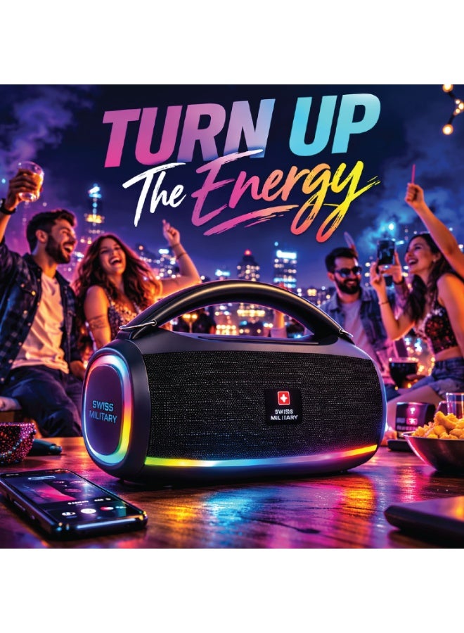 Swiss Military 500W Boombox Ultra Bluetooth Party Speaker | 100mm Driver, Deep Bass, RGB Lights, 6H Battery, Built-in Mic | USB-C, AUX, USB, MicroSD | Portable Outdoor Speaker with Shoulder Strap - Image 2