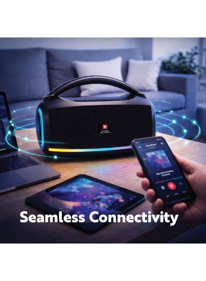 Swiss Military 500W Boombox Ultra Bluetooth Party Speaker | 100mm Driver, Deep Bass, RGB Lights, 6H Battery, Built-in Mic | USB-C, AUX, USB, MicroSD | Portable Outdoor Speaker with Shoulder Strap - Image 4