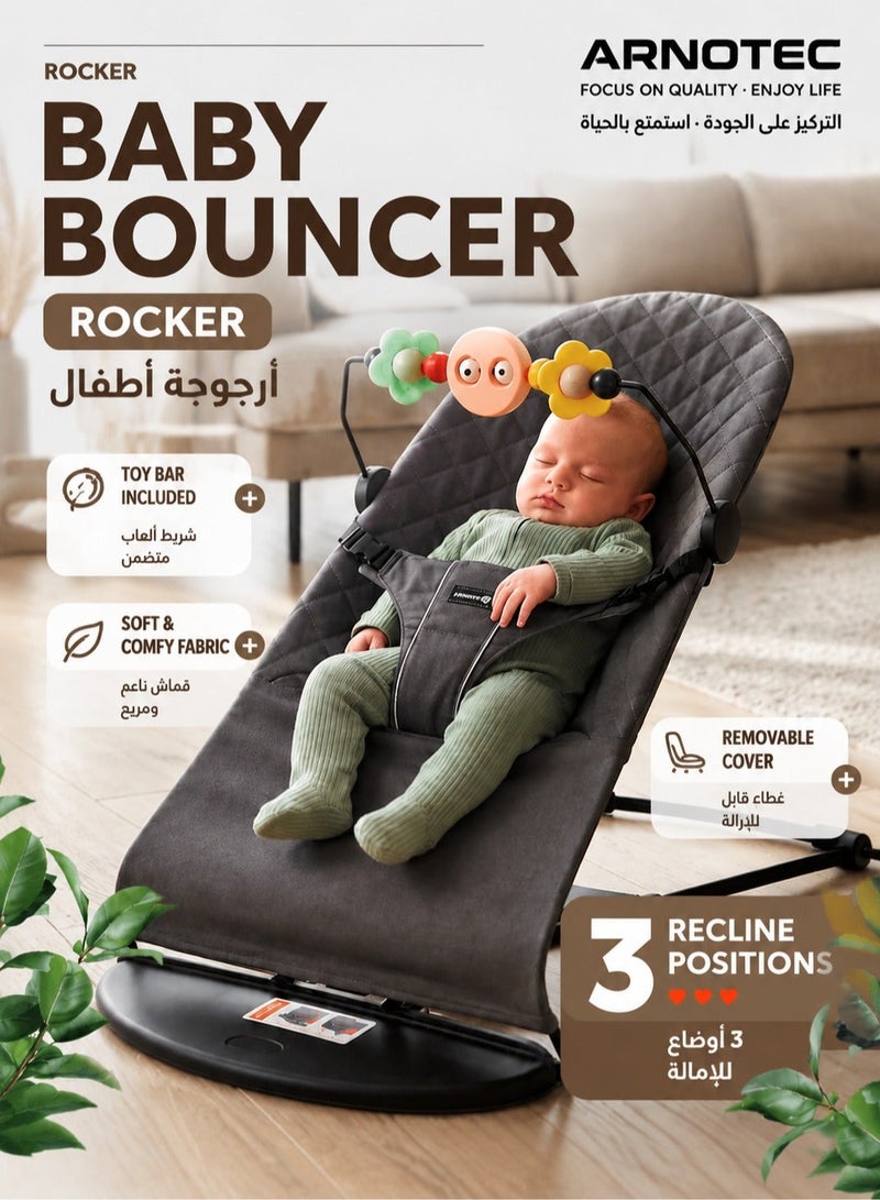 ARNOTEC Baby Bouncer Seat for Infants 0–18 Months – Portable Rocker with Soothing Vibrations, Mesh & Organic Cotton Fabric, 3 Recline Positions, Removable Toy Bar & Hanging Toys - Image 1