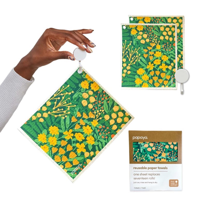 Papaya Reusable Paper Towels Premium Swedish Dishcloths Washable Reusable Dish Cloths 1 Sheet Replaces 17 Rolls Eco Friendly Stocking Stuffer 2 Sheets 1 Hook