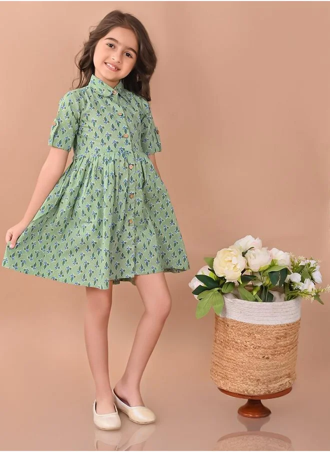 LILPICKS Green Dresses Straight Fit made from Cotton featuring Self Design design and Round Neck neckline - Perfect for Festive!