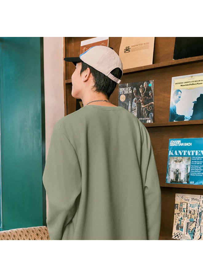 Vancl Waffle Crew Neck Long Sleeve T-shirt Men Winter Textured Fleece Lined Warm Youth Base Layer Palm Green M - Image 4