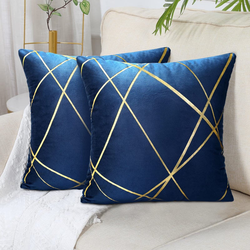 غطاء وسادة 45 × 45 سم أزرق Navy بخطوط ذهبية غطاء وسائد زخرفية خطوط ذهبية هندسة وسادة غرفة المعيشة غرفة النوم وسادة مقعد مجموعة من 2