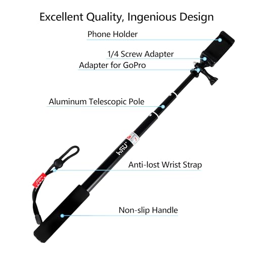 HSU Extendable Selfie Stick for Action Camera, Waterproof Hand Grip for GoPro Hero 13/12/11/10/9/8/7, Handheld Monopod 11.8" to 36.2" for Cell Phones AKASO Insta360 X4 X3 and Other Action Cameras - Image 2