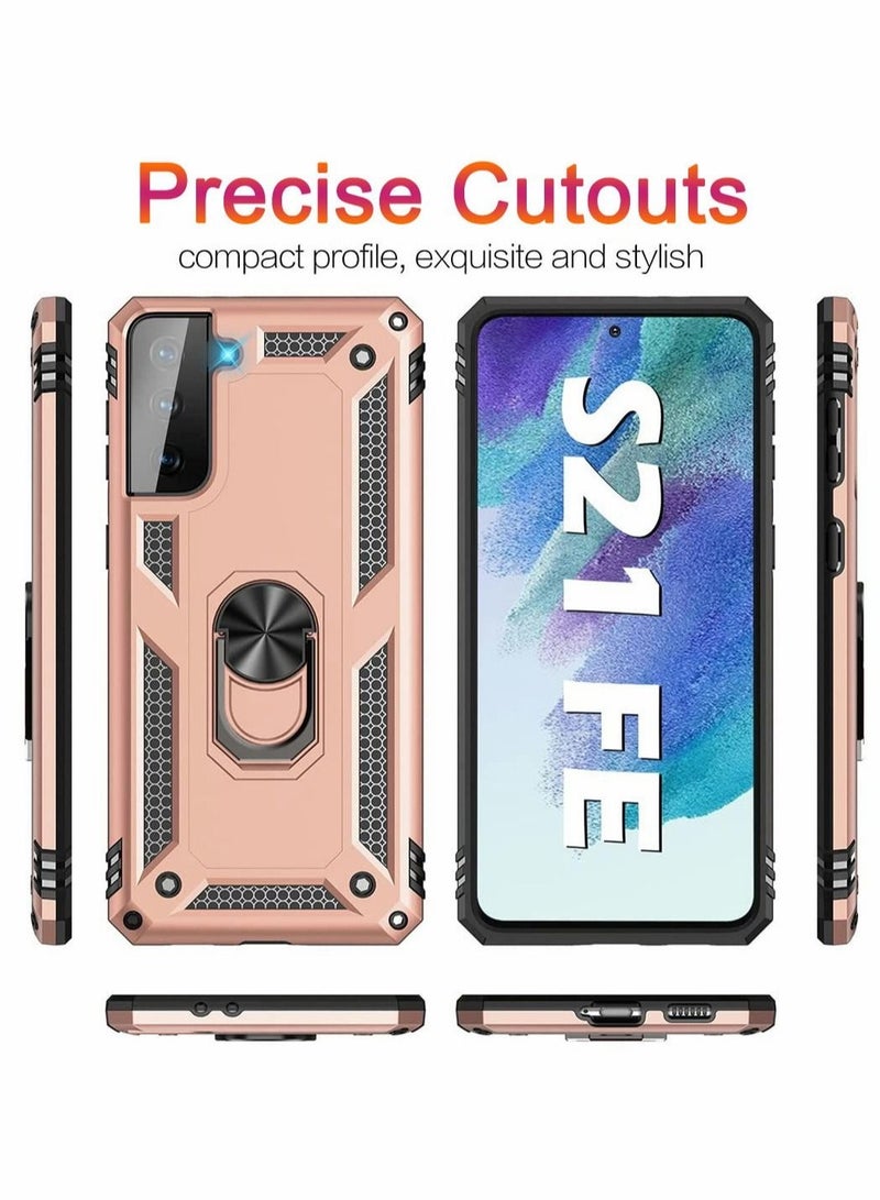 Captaintech Case for Galaxy S21 Fe 5G Protector Heavy Duty with Magnetic Ring Kickstand Anti-Fall Shockproof Bumper Cover FE Men Women Rose Gold - Image 2
