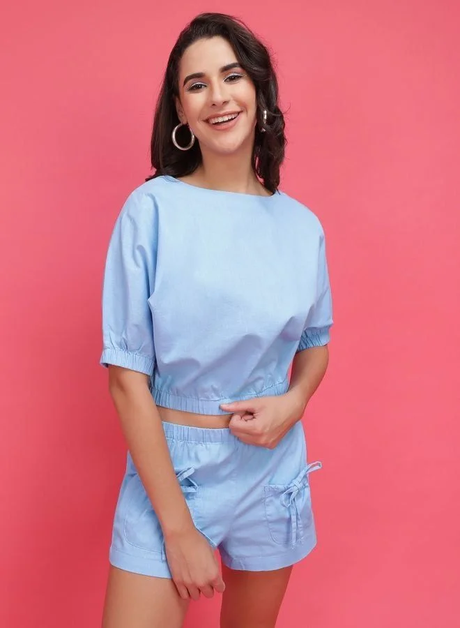 Women Regular Fit Solid Short Sleeve Mid Rise Crop Top and Shorts Co-Ords Set