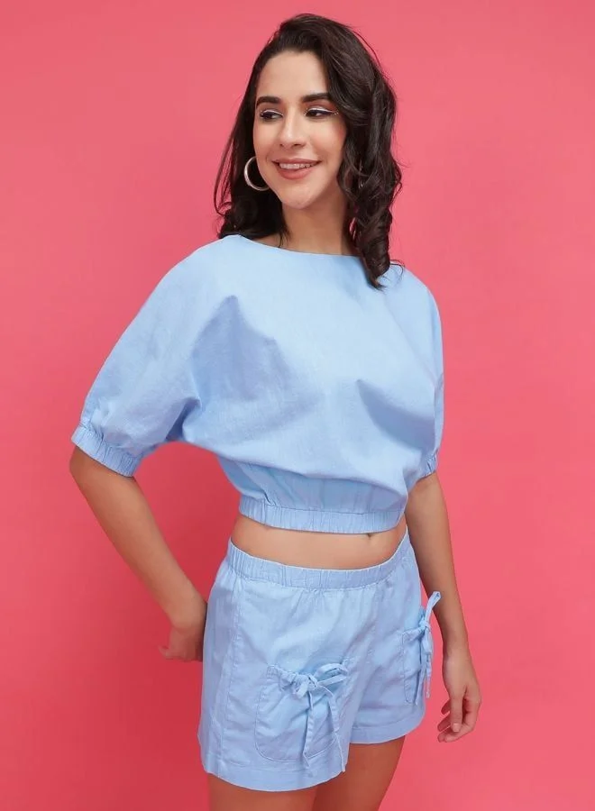 Freehand  Women Regular Fit Solid Short Sleeve Mid Rise Crop Top and Shorts Co-Ords Set  | Best Price UAE
