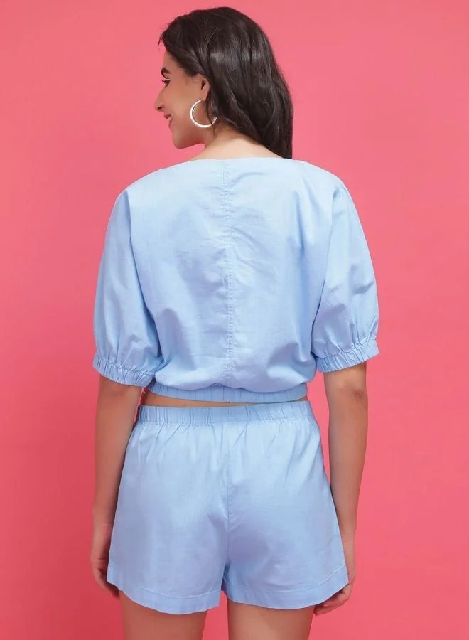 Freehand  Women Regular Fit Solid Short Sleeve Mid Rise Crop Top and Shorts Co-Ords Set  | Best Price UAE