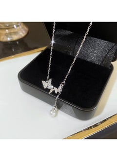 Generic South Korea Silver Titanium Steel Necklace For Girls Versatile High Sense Niche Pearl Butterfly Pendant Clavicle Chain Jewelry 