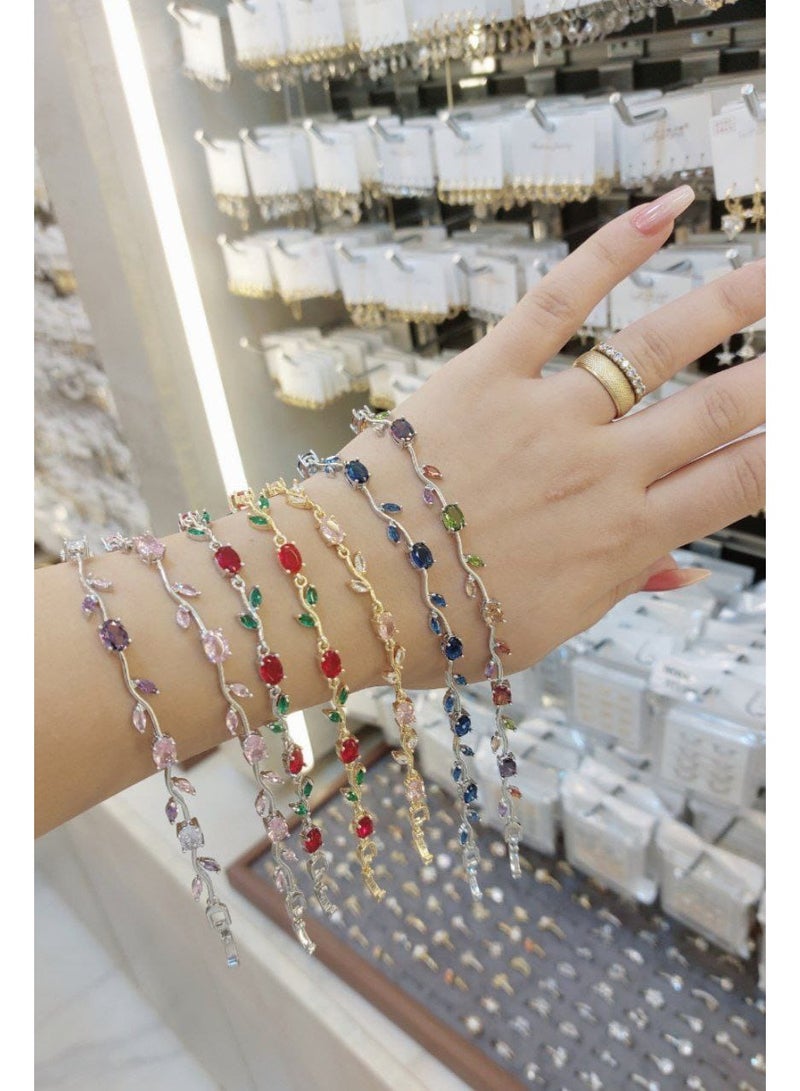 Elegant bracelet with red stones and green leaves in a luxurious design - available in silver - Image 2