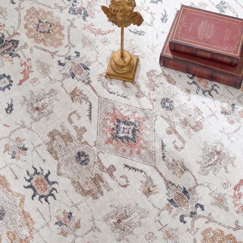 jinchan Area Rug 305x240CM Vintage Traditional Carpet Foldable Thin Mat Distressed Floral Print Indoor Floor Cover for Bedroom Living Room Dining Room Taupe - Image 2