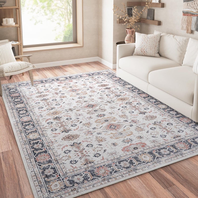 jinchan Area Rug 305x240CM Vintage Traditional Carpet Foldable Thin Mat Distressed Floral Print Indoor Floor Cover for Bedroom Living Room Dining Room Taupe - Image 1