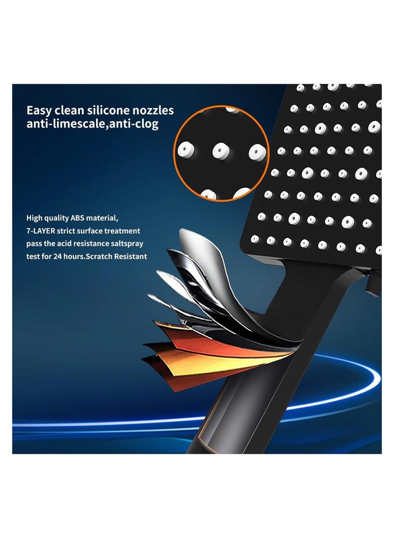 Shower Head Pressurized Heads with 6 Settings Spray Mode Square Power Universal Water Saving Large Black - Image 5