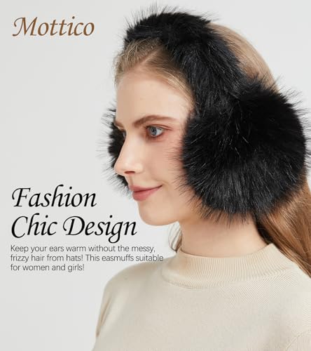 Mottico Winter Ear muffs for Women Girls, Fluffy Ear Warmer with Thick Faux Ear Covers, Foldable for Convenience! (Black) - Image 2