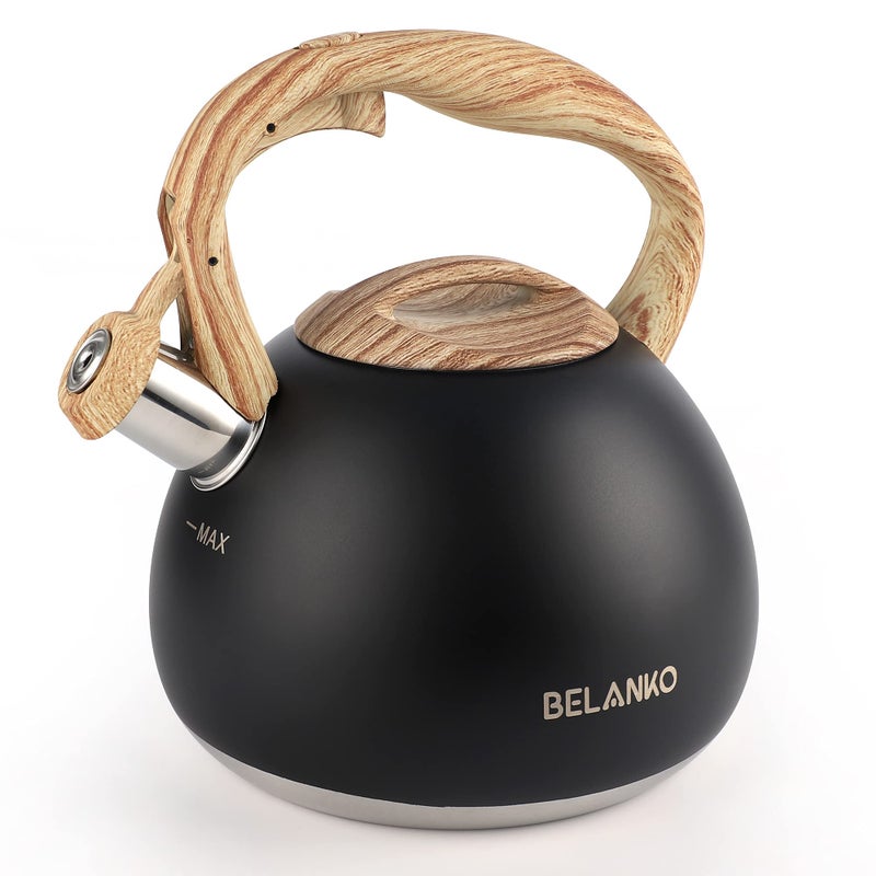BELANKO 27 Quart Tea Kettle for Stovetops  Food Grade Stainless Steel Teapot with Loud Whistle CoolTouch Wood Pattern Handle RustResistant Whistling Kettle  Matte Black