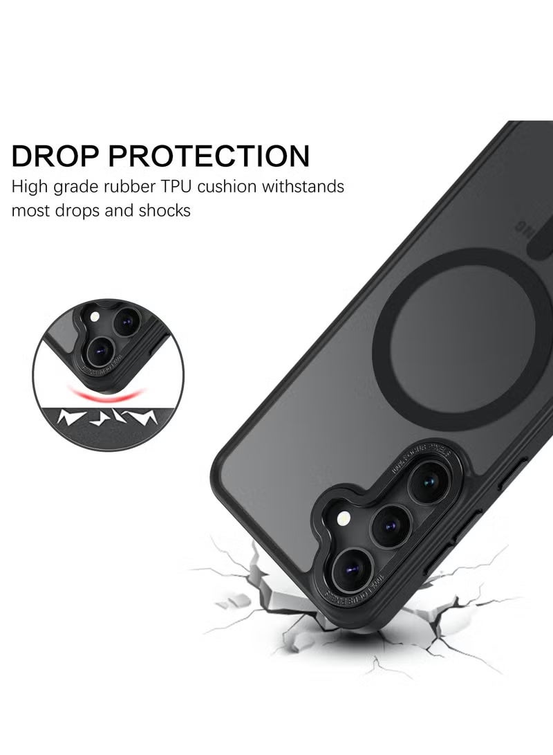 حافظة هاتف Samsung S25، متوافقة مع MagSafe، غطاء خلفي مغناطيسي شبه شفاف غير لامع ومقاوم للصدمات، ملحق مغناطيسي قوي، حماية من السقوط بمستوى عسكري، حافظة كاملة التغطية لهاتف Galaxy S25 5G (أسود) - Image 4