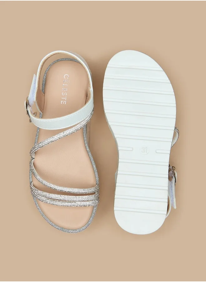 سيليست Girls' Embellished Flat Sandals with Hook and Loop Closure