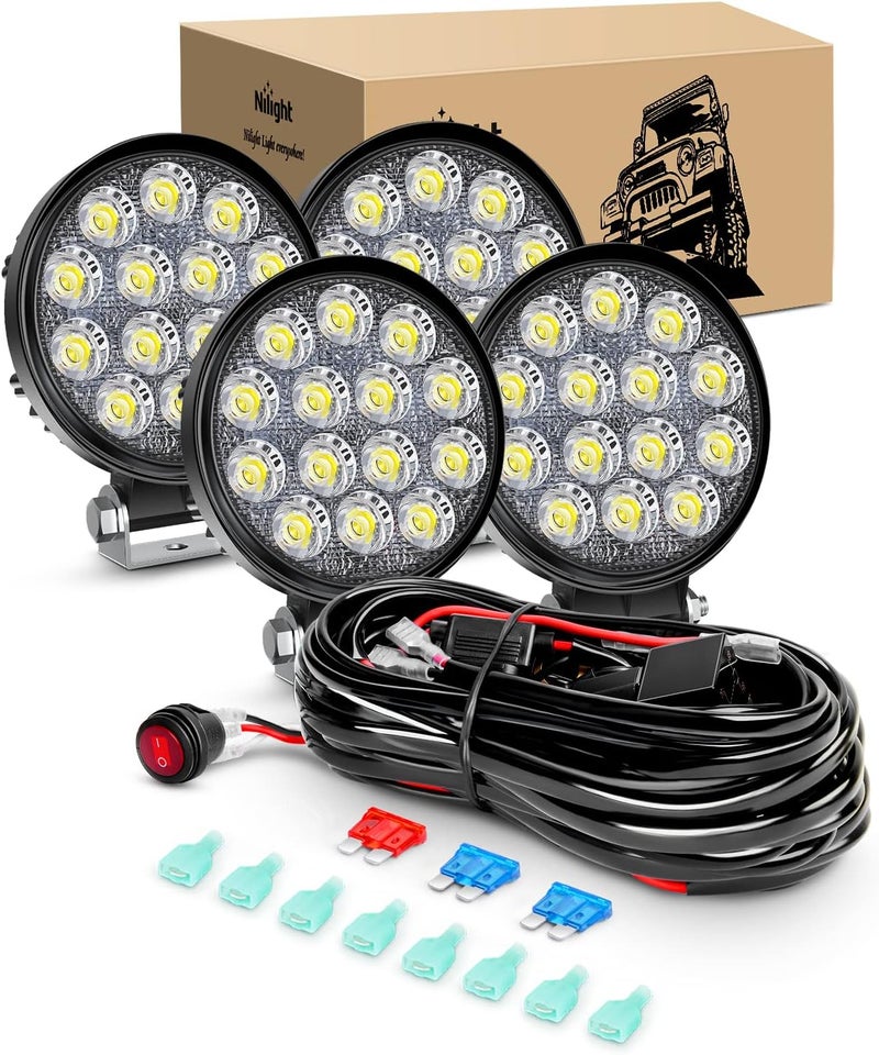 Nilight 4PCS 4.5Inch 42W Round Flood LED Off Road Lights with Wiring Harness Kit - Image 1