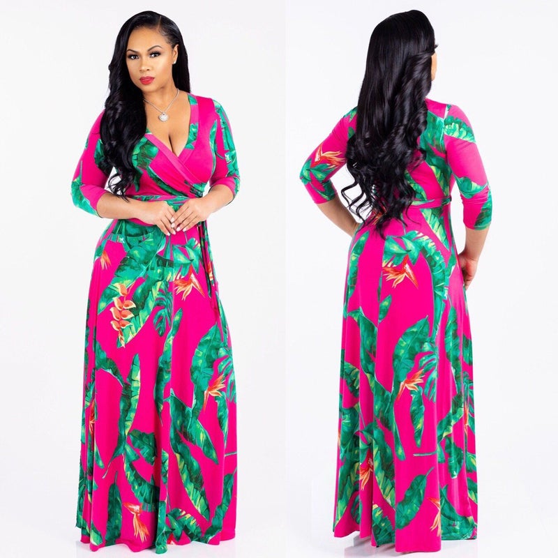 Bohemian V-Neck Printed Plus Size Maxi Dress