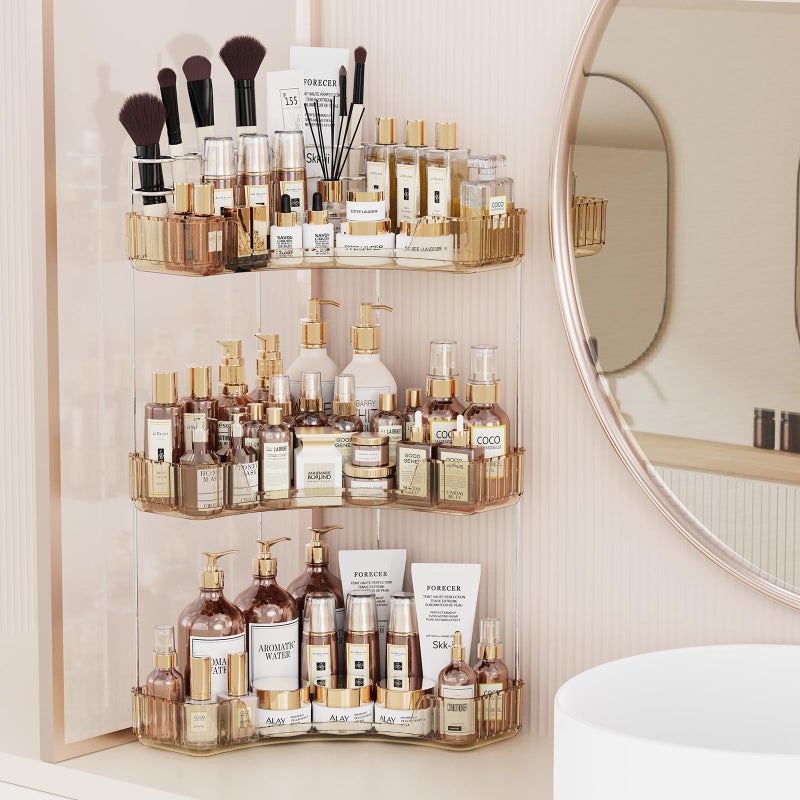 Asayuee 3Tier Corner Bathroom Counter Organizer with Top Toothbrush HoldersLarge Makeup Organizer Countertop with Brush HolderSkincare Organizers CornerExquisite Vanity Organizer Gold 3 Tier - Image 2