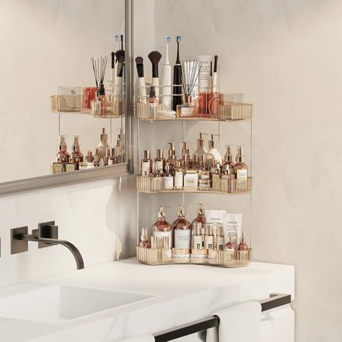 Asayuee 3Tier Corner Bathroom Counter Organizer with Top Toothbrush HoldersLarge Makeup Organizer Countertop with Brush HolderSkincare Organizers CornerExquisite Vanity Organizer Gold 3 Tier - Image 3