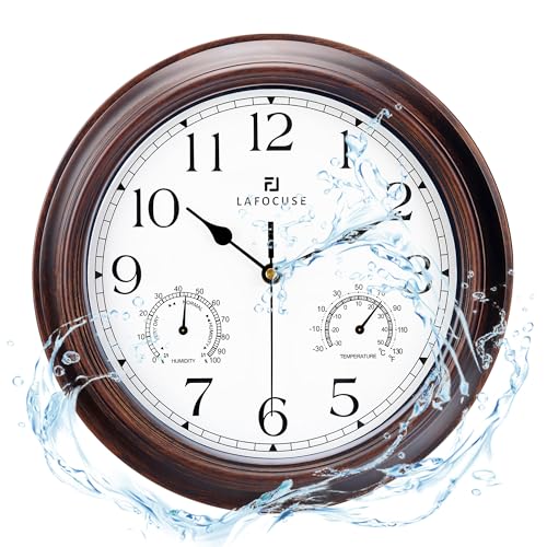 Lafocuse Outdoor Wall Clocks Waterproof with Thermometer for Patio, 12 Inch Hygrometer Wall Clock Silent Battery Operated for Kitchen Bathroom Garage - Image 1