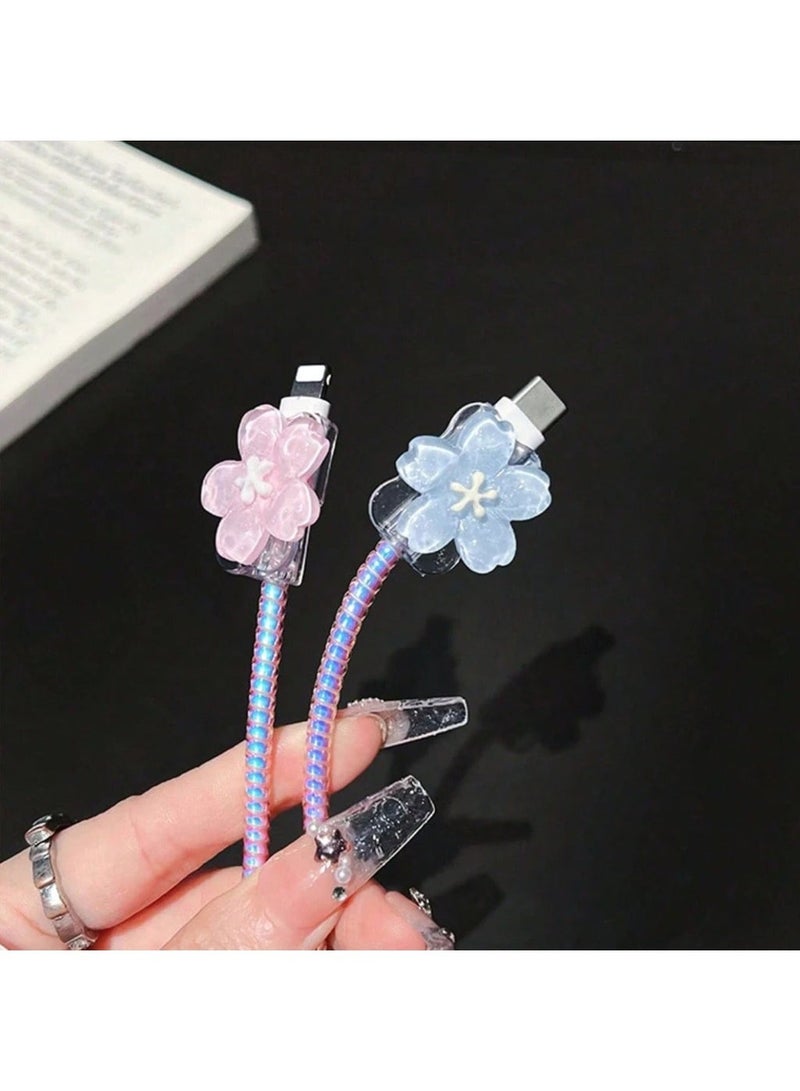 اتش بي ار تي طقم حماية الشاحن والكابل من TPU مكون من 5 قطع مع منظم كابلات وتصميم زهور DIY (أزرق ووردي) - Image 3