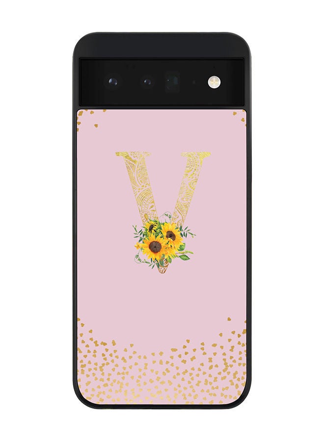 Stylizedd Rugged Black edge case for Google Pixel 6 5G Slim fit Soft Case Flexible Rubber Edges Anti Drop TPU Gel Thin Cover - Custom Monogram Initial Letter Floral Pattern Alphabet - V (Pink ) - Image 1