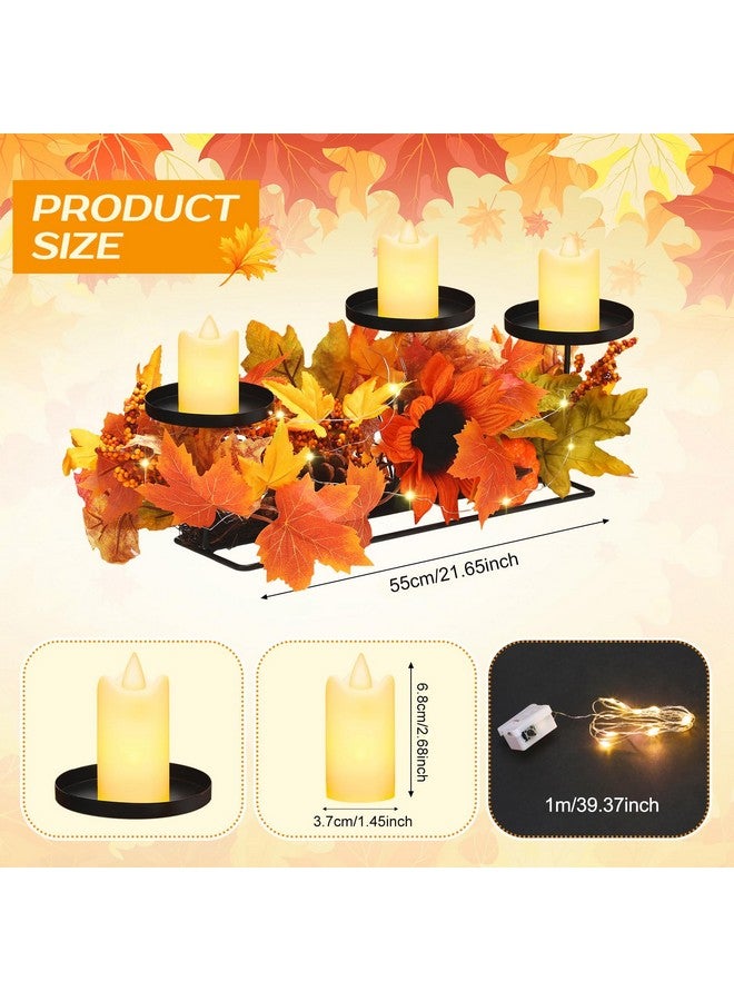 meekoo Fall Harvest Centerpiece Thanksgiving Candle Holders with 3 LED Candles and 1 String Lights, Maple Leaves Sunflower Centerpiece with 3 Candle Holders for Tables Autumn Fall Decorations  - Image 2